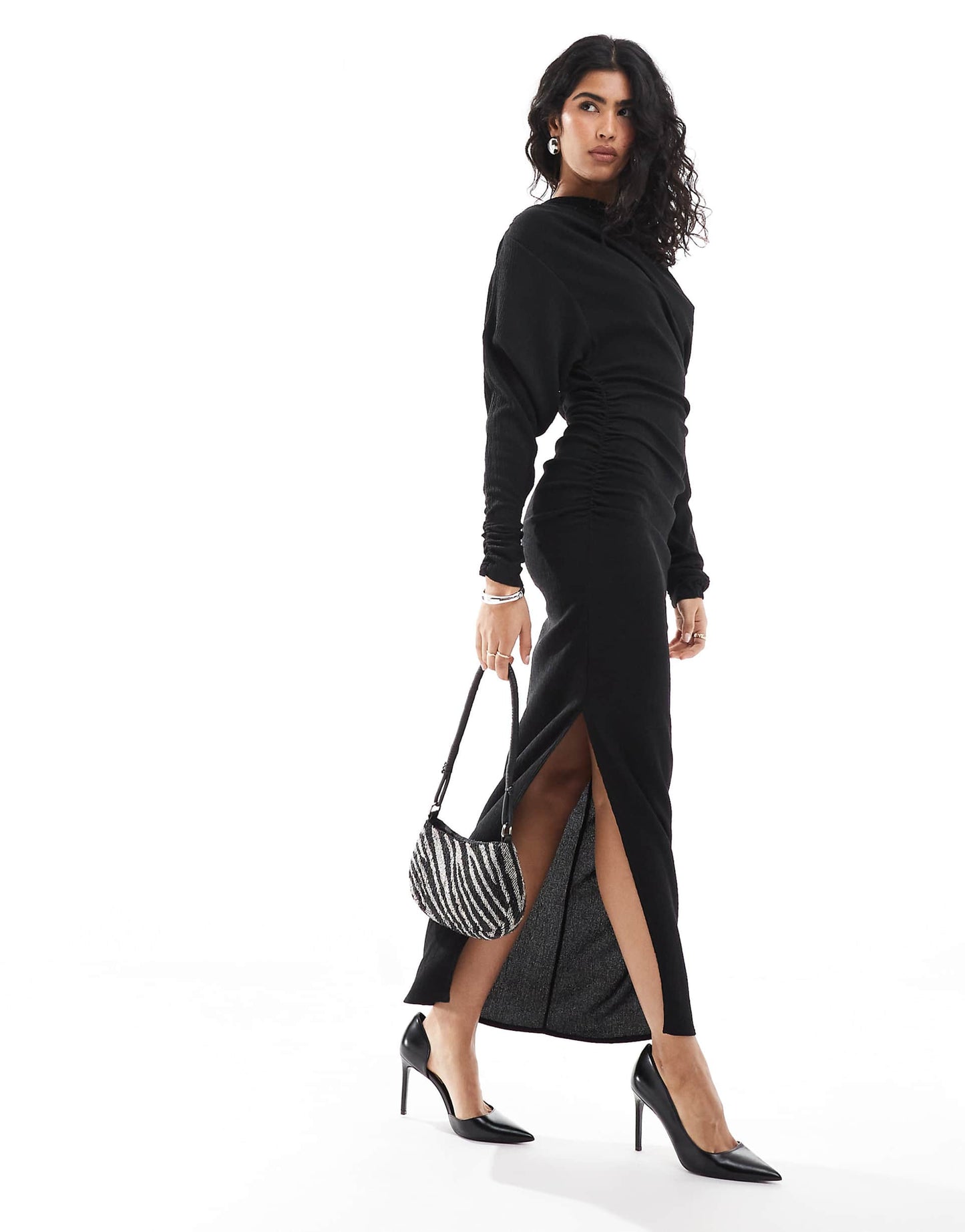 Textured Slash Neck Draped Midi Dress