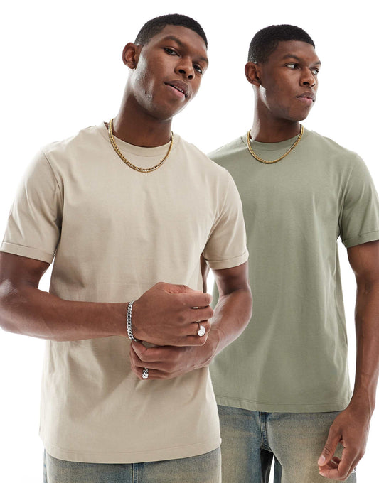 Essential 2 Pack Crew Neck T-Shirts With Roll Sleeve