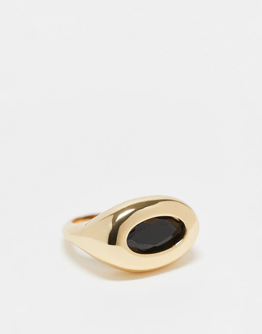 Curve 14K Gold Plated Ring With Black Stone Detail