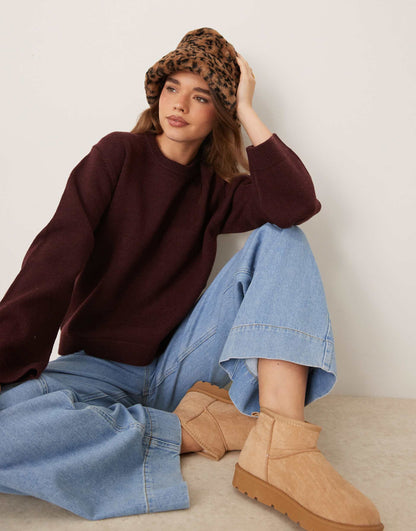 Crew Neck Knitted Sweater With Wide Sleeves