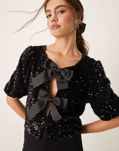 Sequin Short Sleeve Top With Satin Bow Front