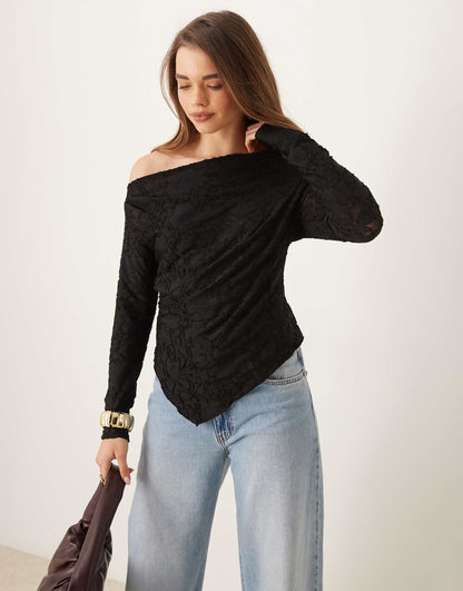 Jersey Jacquard Off Shoulder Top With Asymmetric Hem