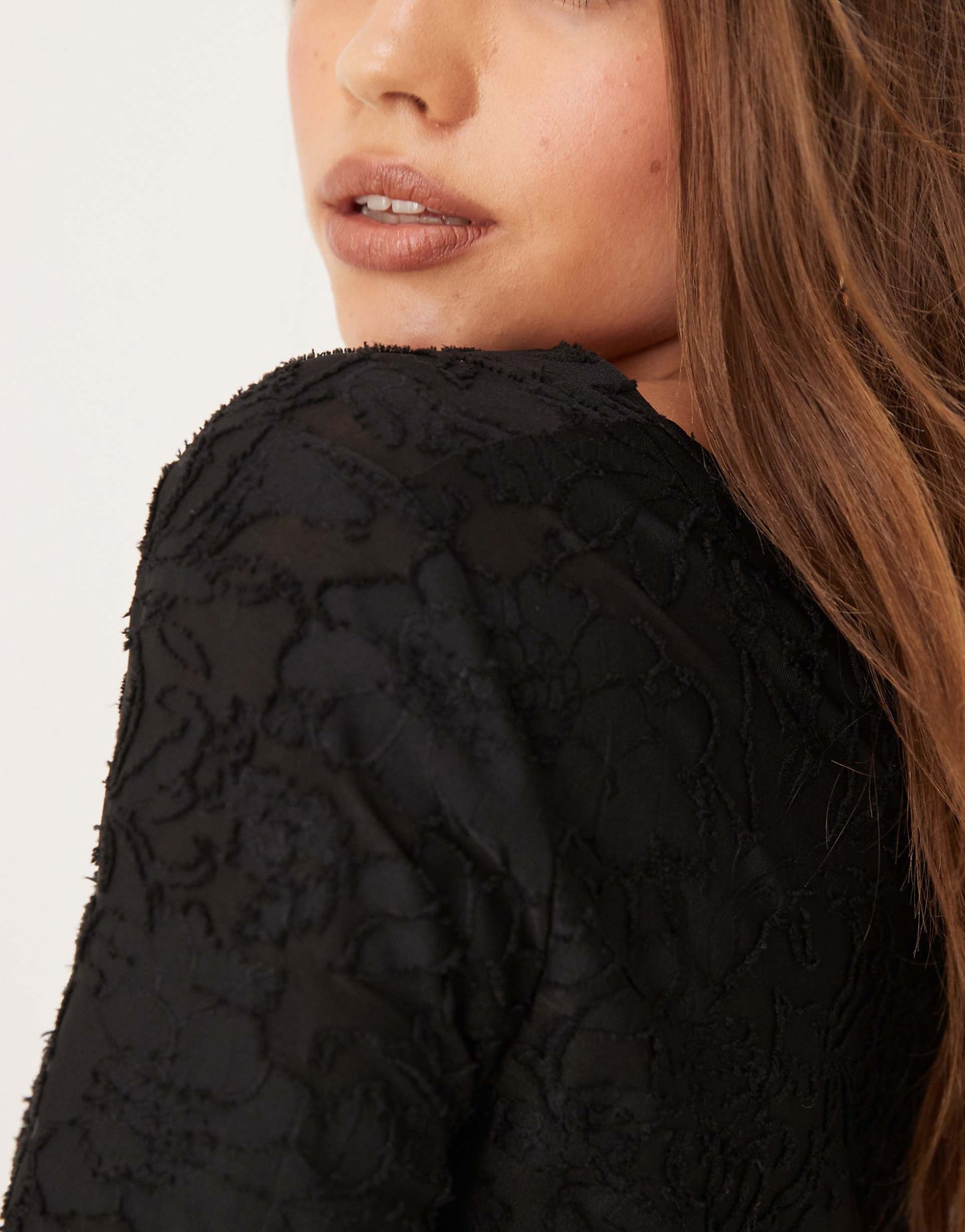 Jersey Jacquard Off Shoulder Top With Asymmetric Hem