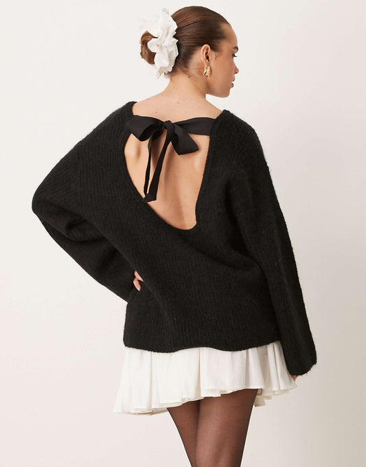 Chunky Rib Knitted Sweater With Tie Back Bow Detail
