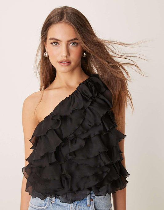 Organza One Shoulder Top With Layered Ruffles