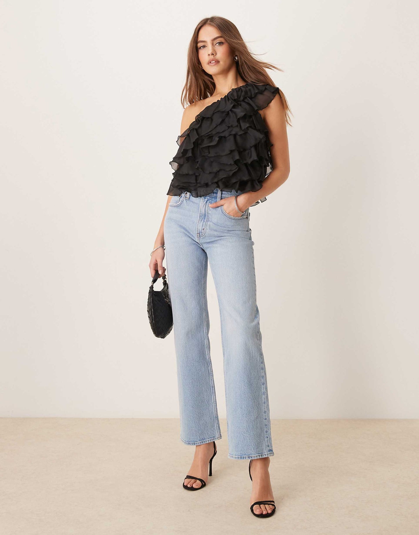 Organza One Shoulder Top With Layered Ruffles