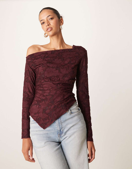 Jersey Jacquard Off Shoulder Top With Asymmetric Hem