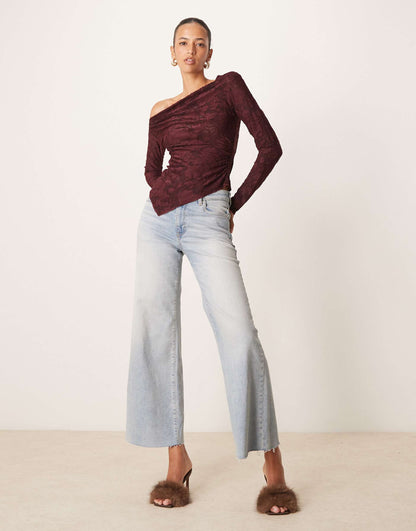 Jersey Jacquard Off Shoulder Top With Asymmetric Hem