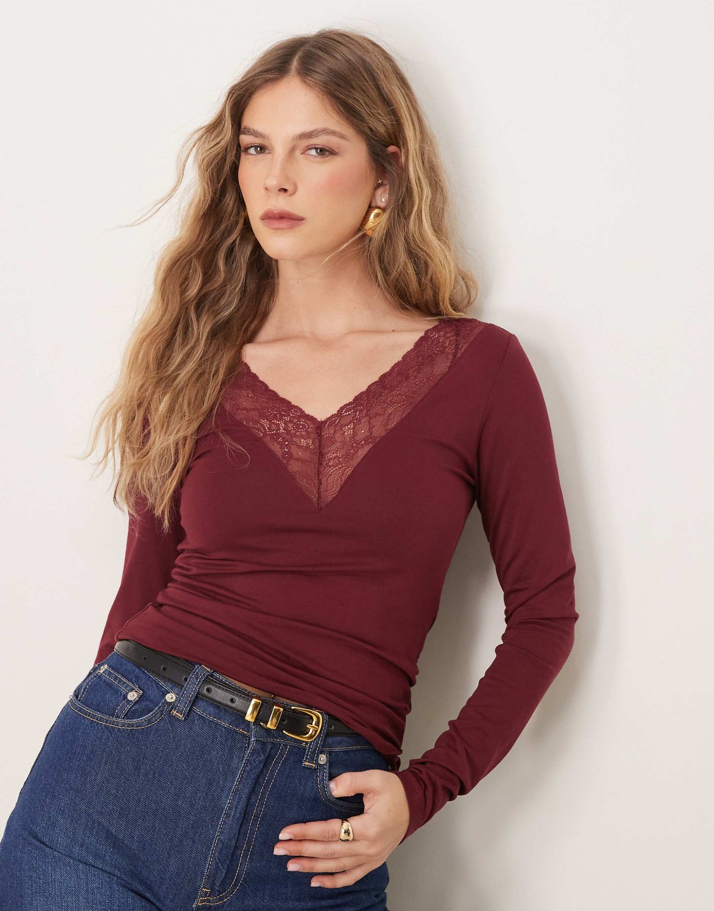 Long Sleeve Lace V Neck Top