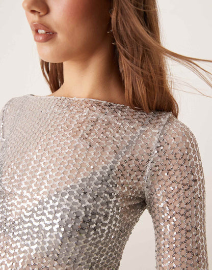 Sequin Sheer Long Sleeve Top With Boat Neck