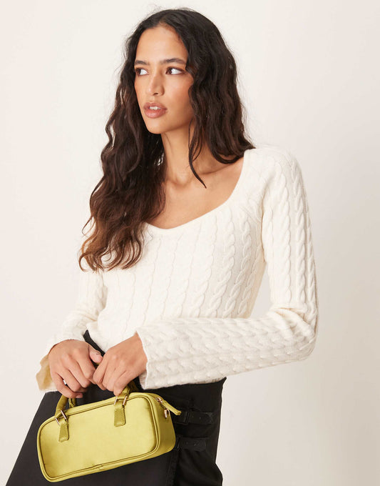 Cable Knit Fitted Sweater With Sweetheart Neck
