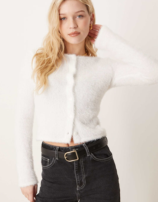 Fluffy Knit Fitted Cardigan With Crew Neck And Button Front