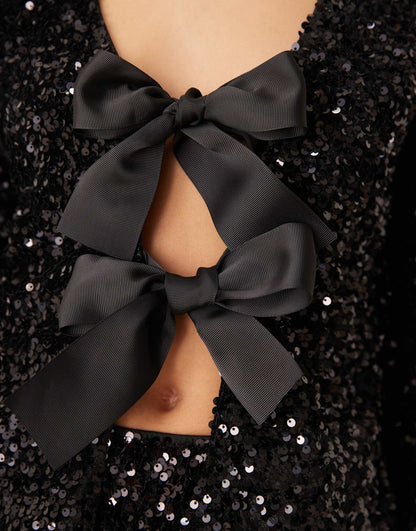 Mix And Match Sequin Top  With Tie-Front Bow Detail And Fluted Sleeves