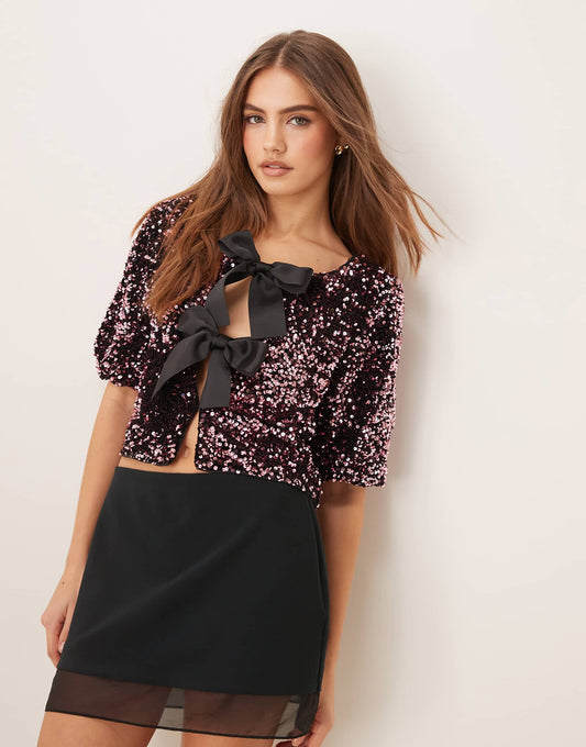 Sequin Short Sleeve Top With Satin Bow Front