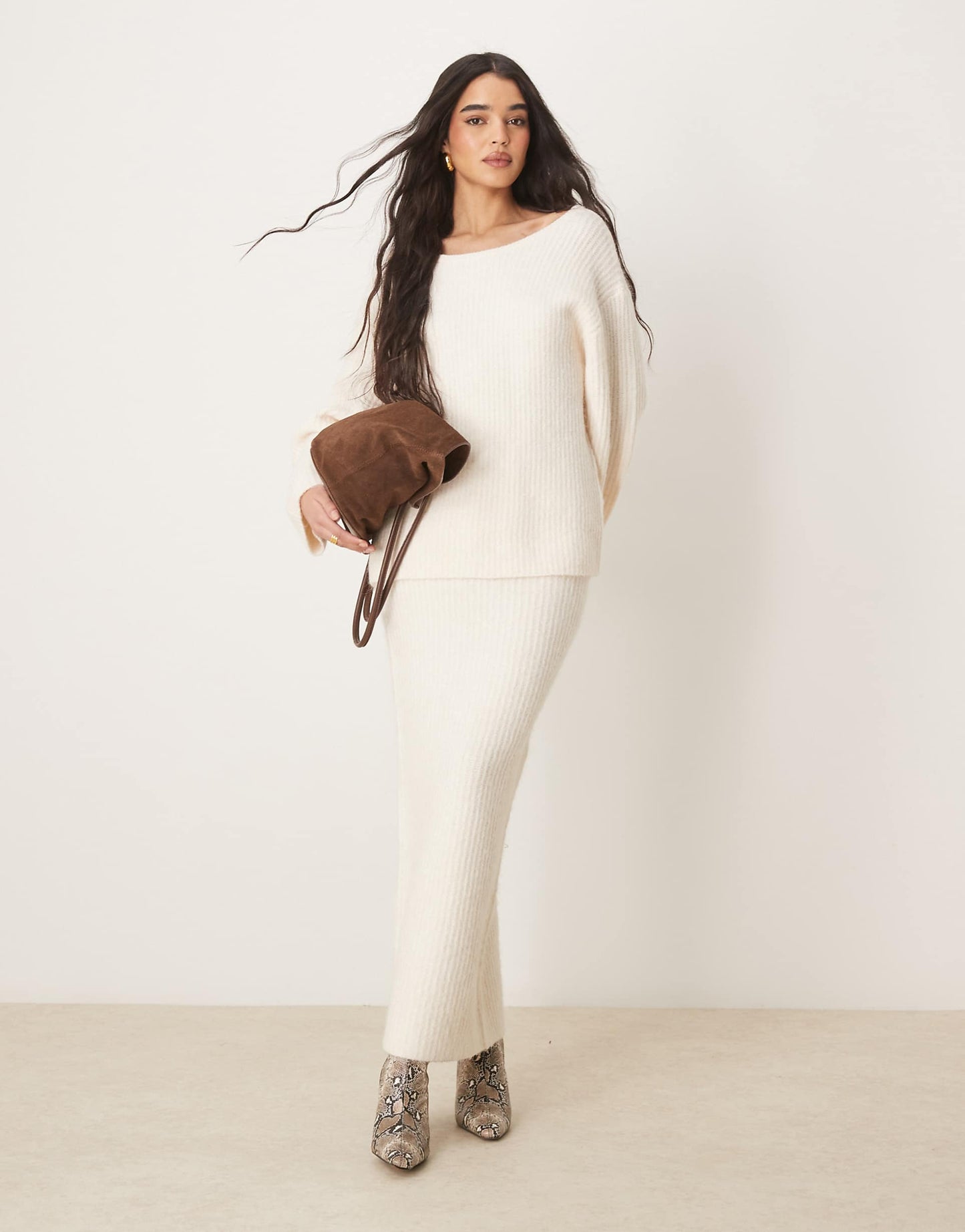 Co-Ord Chunky Rib Knitted Sweater With Tie Back Bow Detail