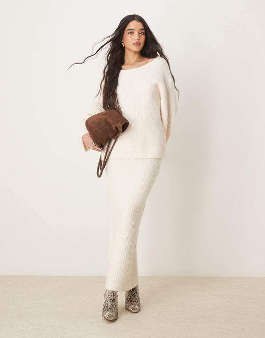 Co-Ord Chunky Rib Knitted Sweater With Tie Back Bow Detail