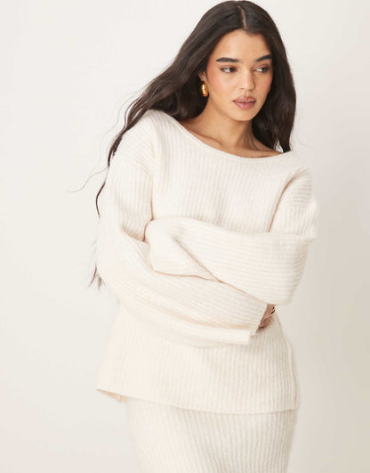 Co-Ord Chunky Rib Knitted Sweater With Tie Back Bow Detail