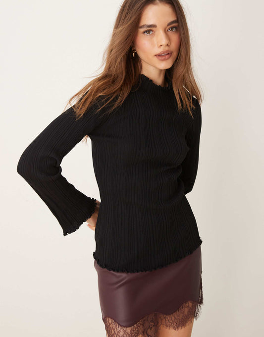 Long Sleeve Ribbed Knit Top With Fluted Funnel Neck And Cuffs
