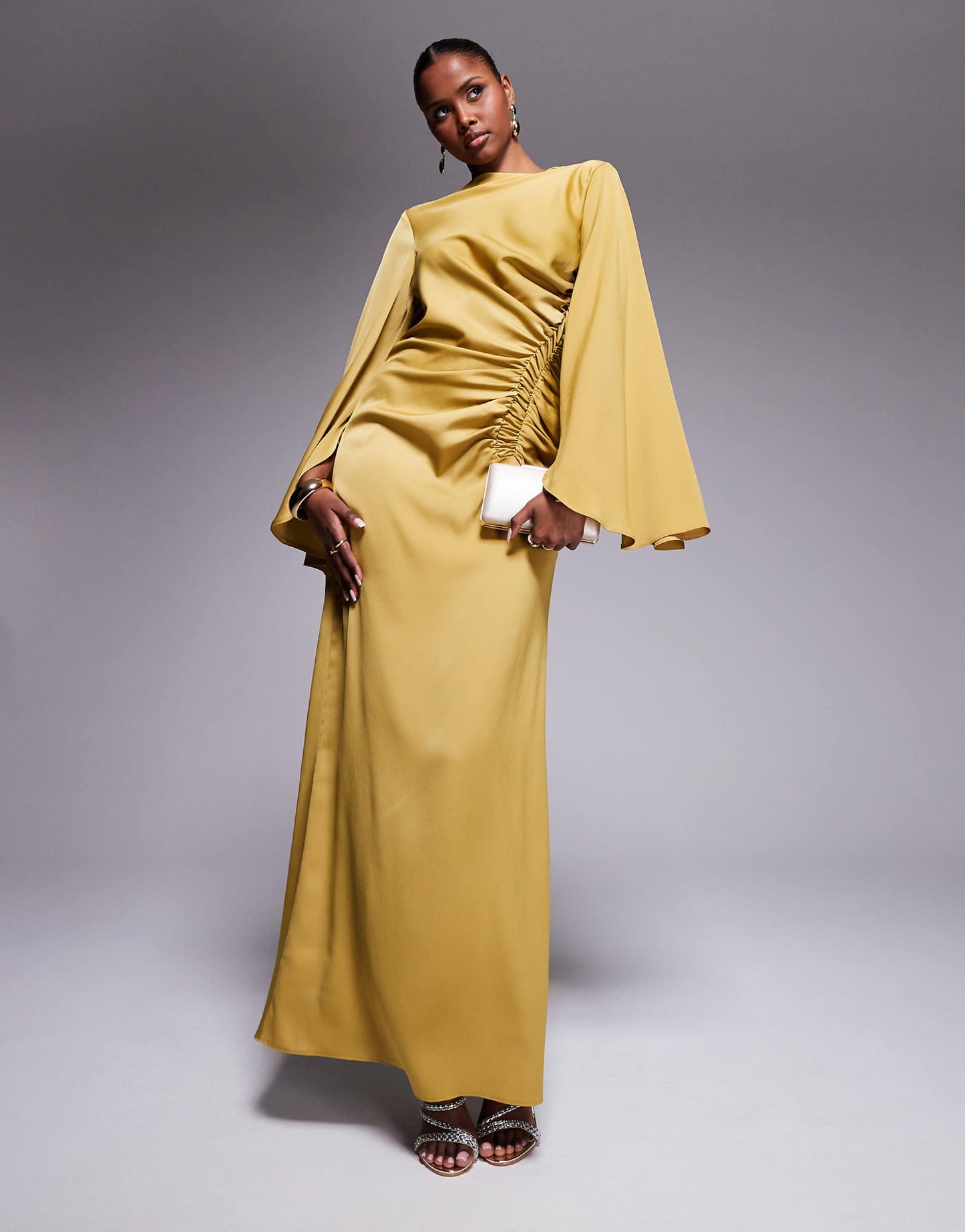 Exaggerated Sleeve Bias Maxi Dress With Ruched Waist