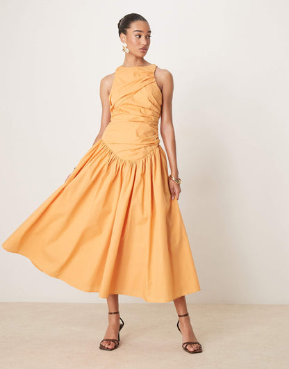 Structured Ruched Full Skirt Maxi Dress