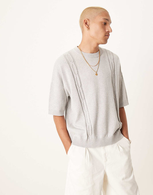 Oversized Boxy Fit Knitted Crew Neck T-Shirt With Embroidery Detail