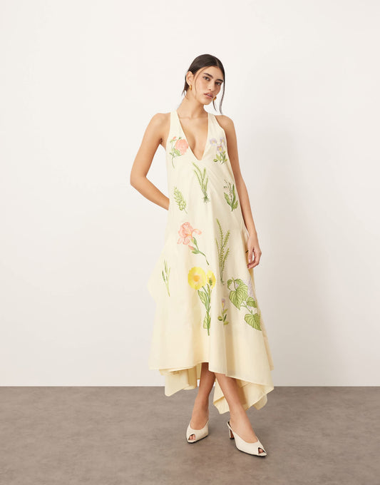 Cotton Floral Embroidered Plunge Midi Dress