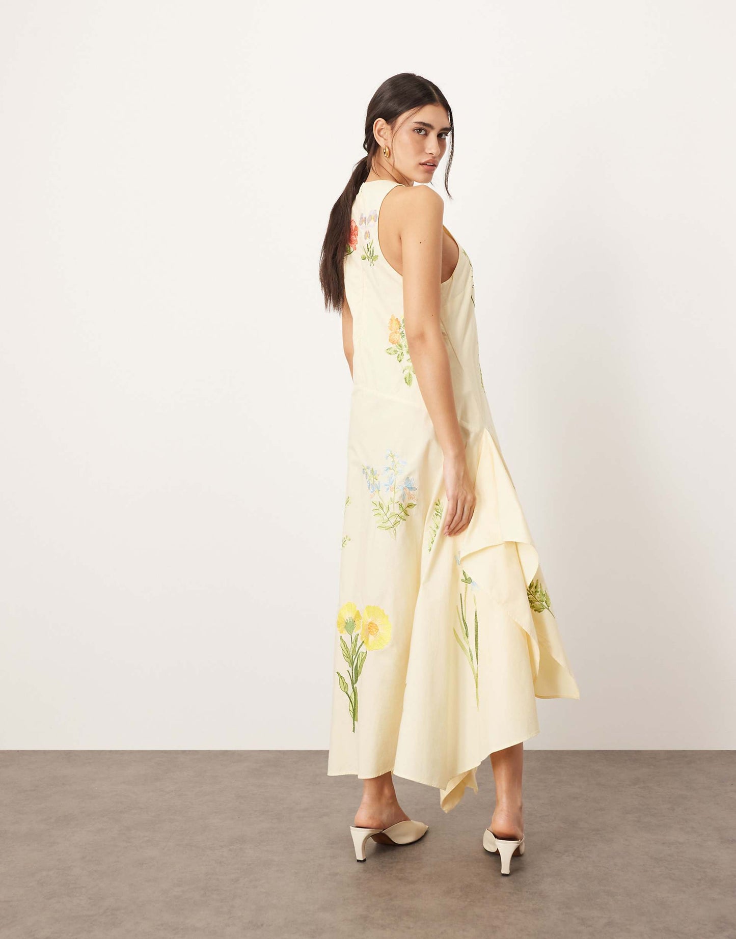 Cotton Floral Embroidered Plunge Midi Dress