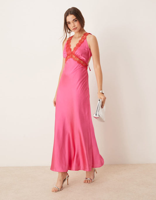 Aurelia Satin Lace Trim Maxi Dress