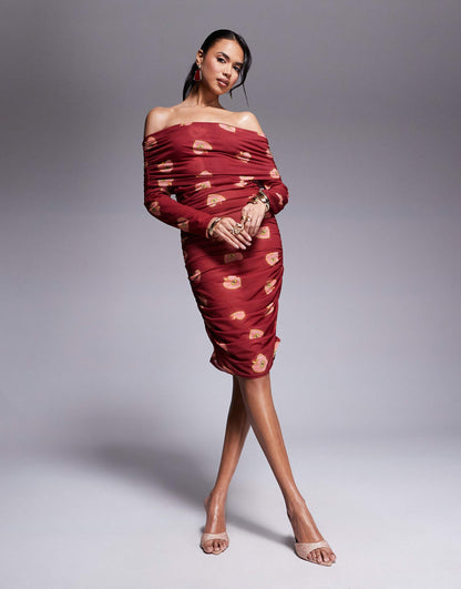 Never Fully Dressed Ruched Heart Print Mesh Mini Dress
