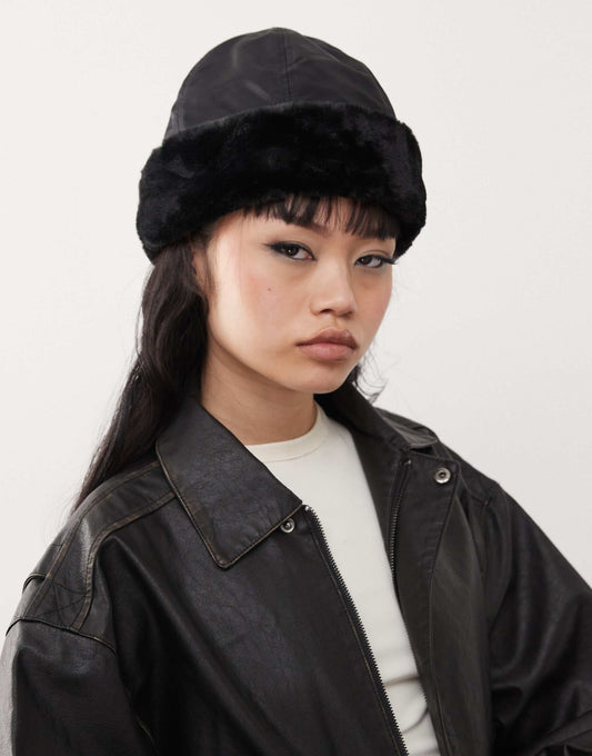 Nylon Hat With Faux Fur Trim