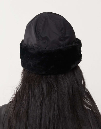 Nylon Hat With Faux Fur Trim