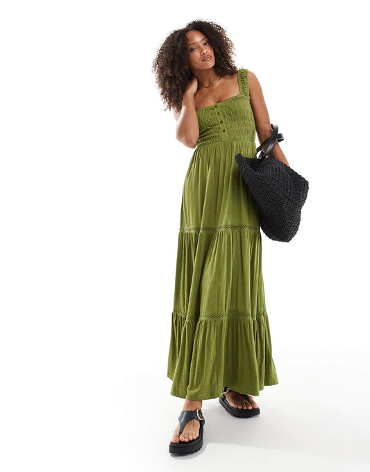 Ruched Square Neck Tiered Midi Dress With Lace Inserts