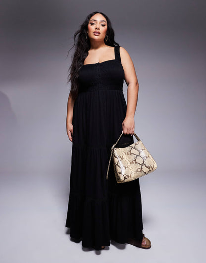 Curve Ruched Square Neck Tiered Maxi Dress With Lace Inserts