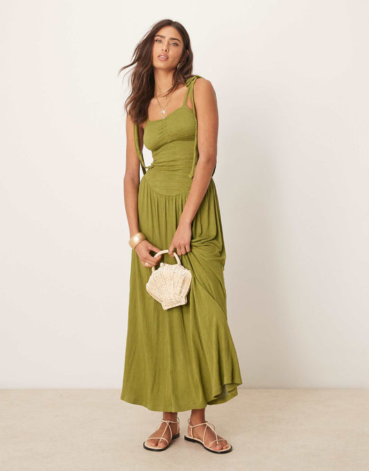 Crinkle Shirred Bodice Tie Cami Strap Midi Sundress
