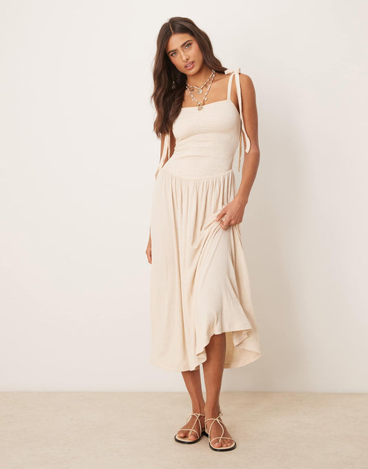 Crinkle Shirred Bodice Tie Cami Strap Midi Dress