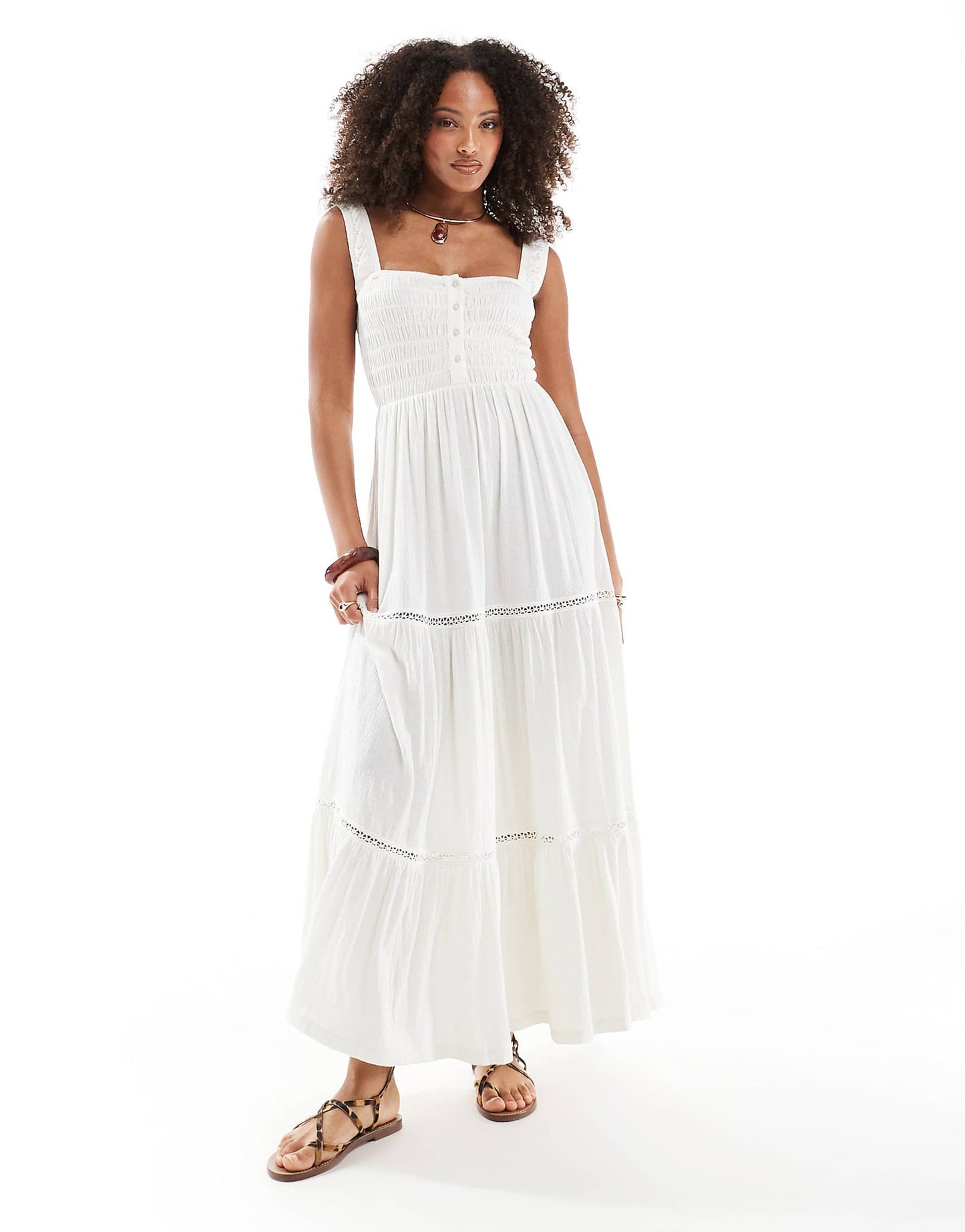 Ruched Square Neck Tiered Midi Dress With Lace Inserts