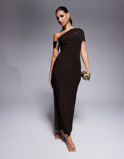 Cap Sleeve Bardot With Trim Detail Maxi Dress