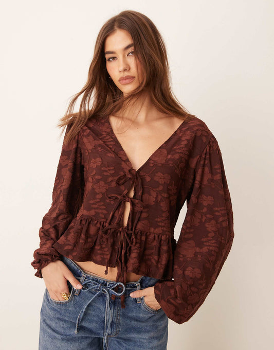 Lace Puff Sleeve Tie Front Top