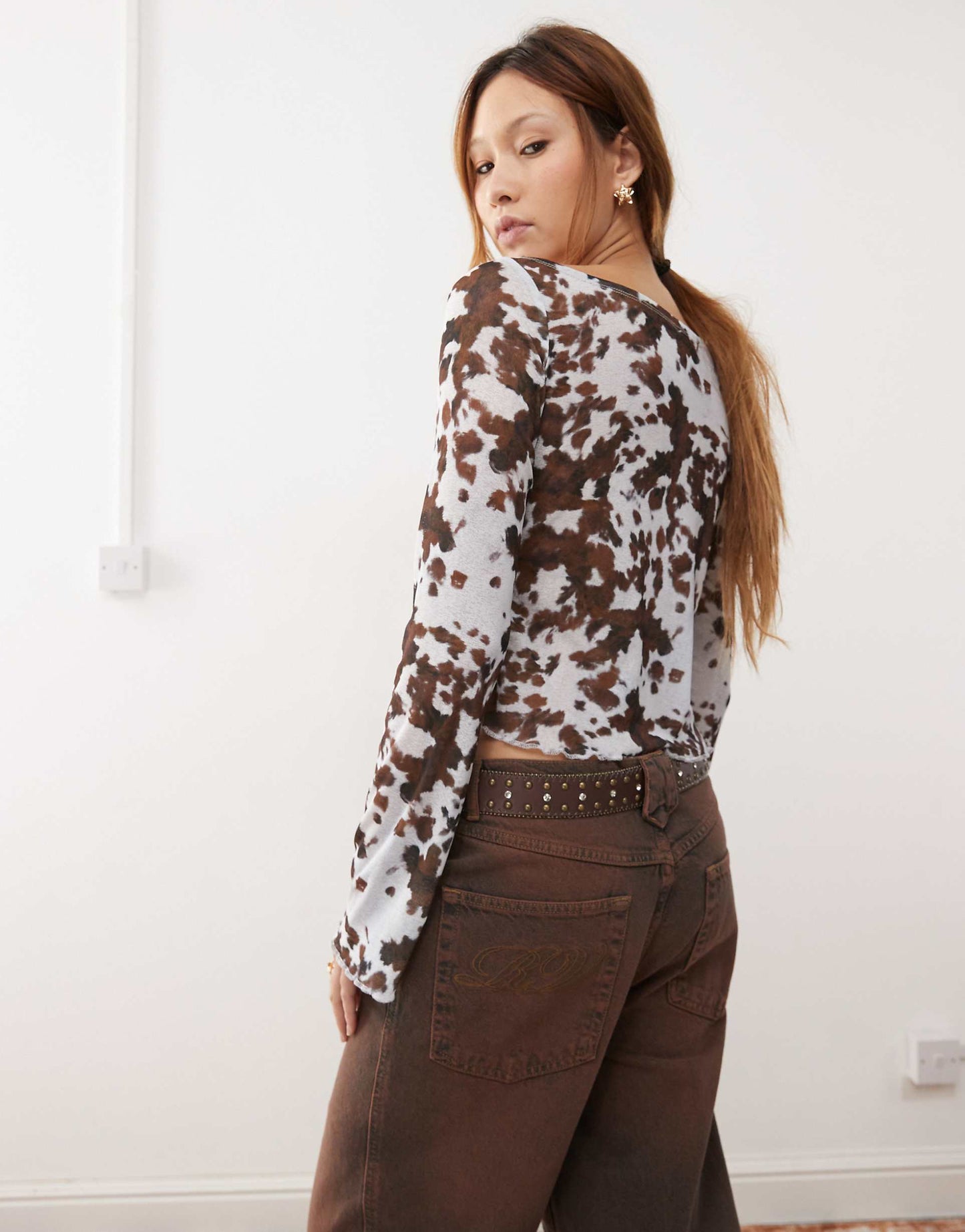 Mesh Off Shoulder Cow Print Top