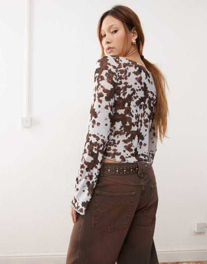 Mesh Off Shoulder Cow Print Top