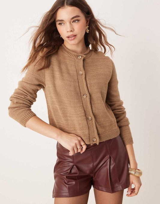 Crew Neck Cardigan With Rolled Edge Detail