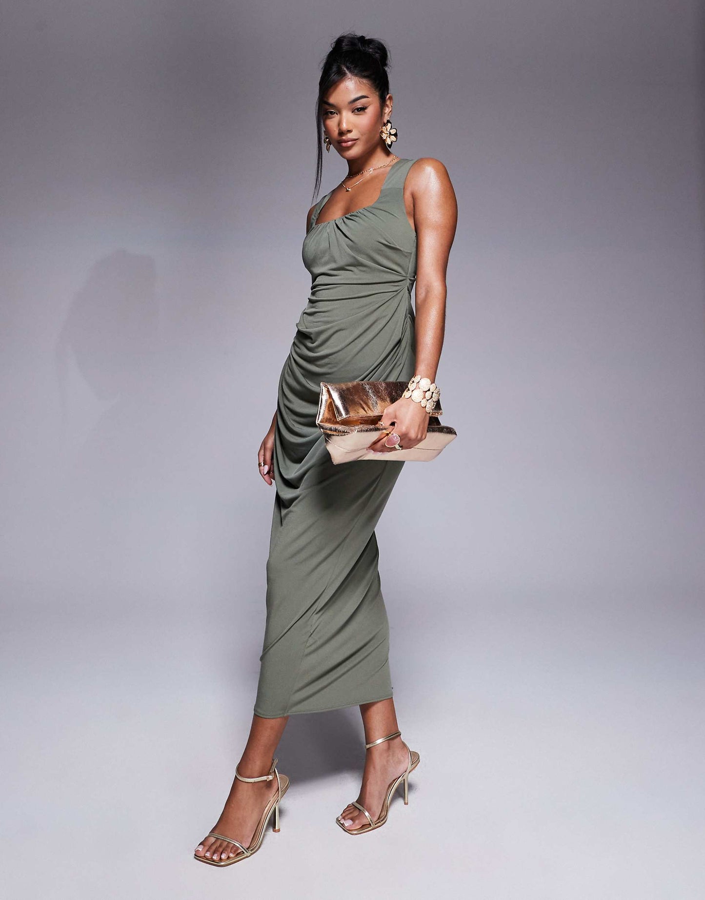 Shaped Neckline Wide Strap With Draped Skirt Midi Dress