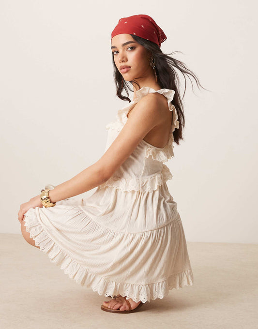 Lace Insert Ruffle Tiered Swing Mini Dress