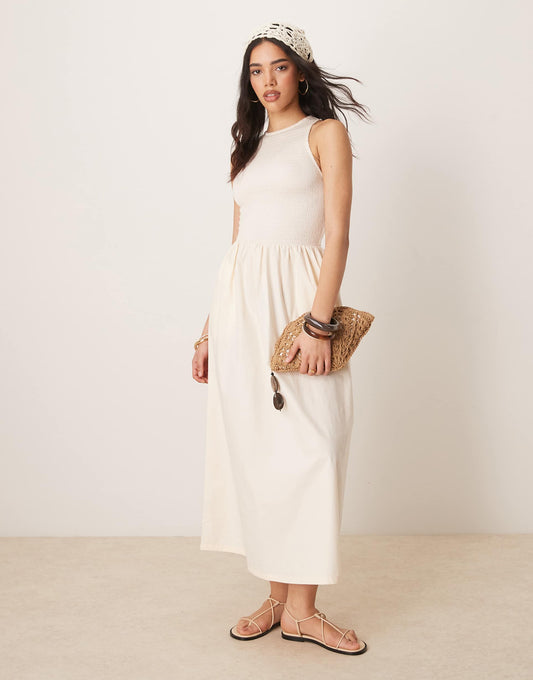 Racer Crinkle Bodice Poplin Skirt Midi Dress