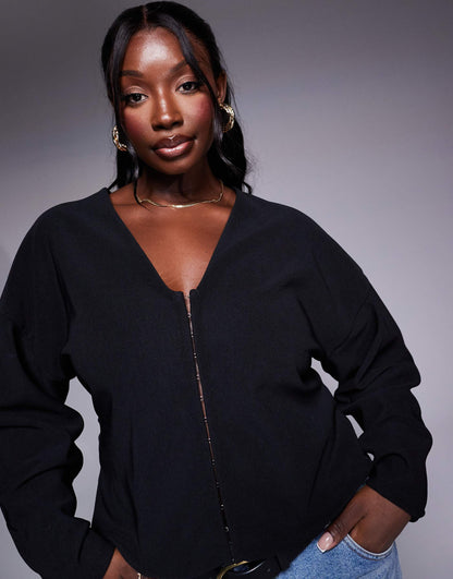 Curve Ribbed Balloon Sleeve Structured Top