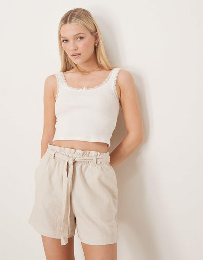 Linen Mix Tie Waist Shorts