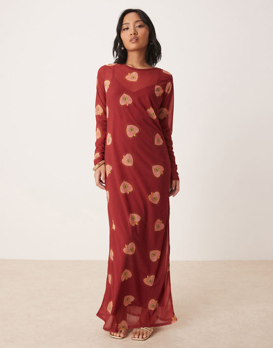 Petite Long Sleeve Heart Print Mesh Maxi Dress