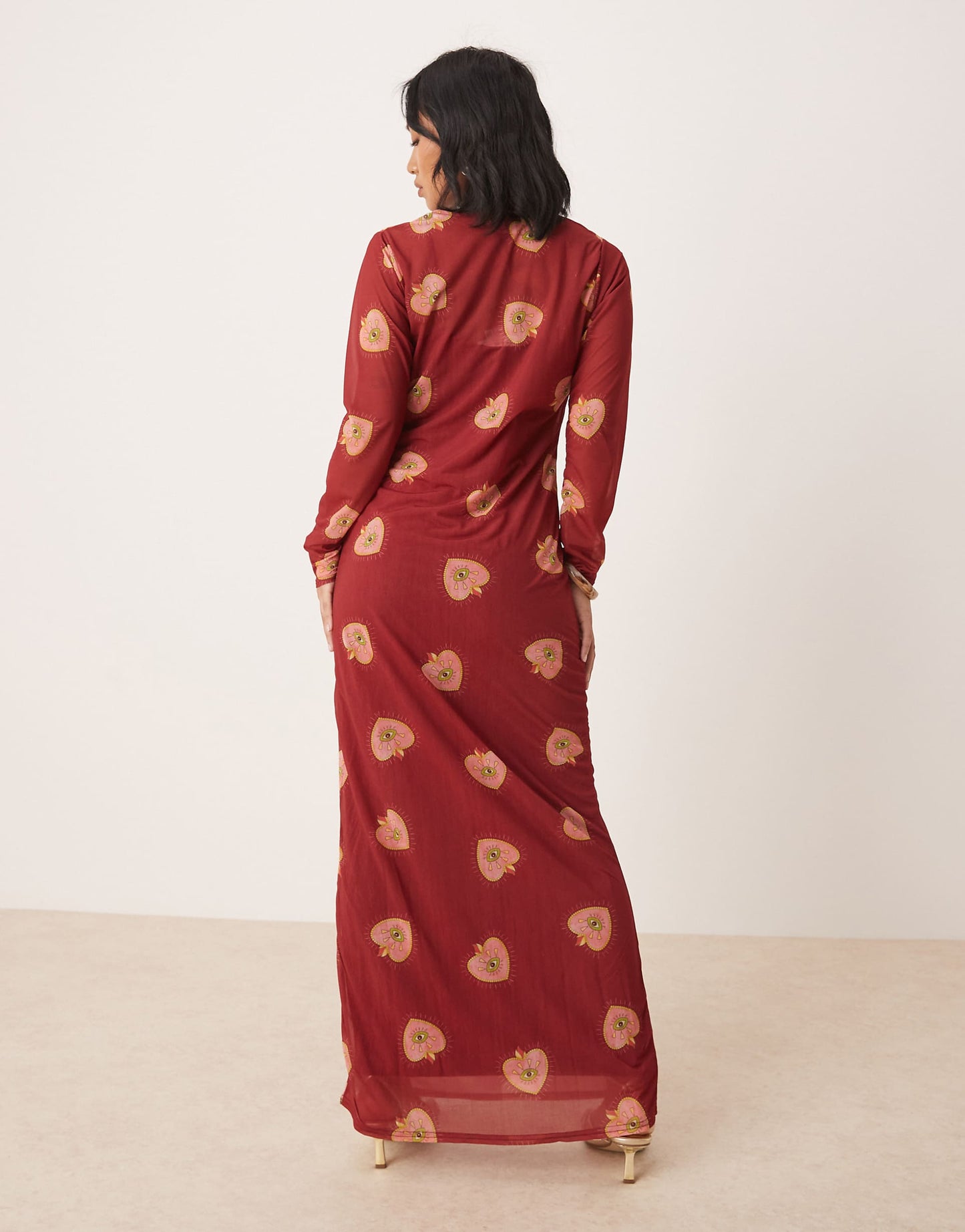 Petite Long Sleeve Heart Print Mesh Maxi Dress