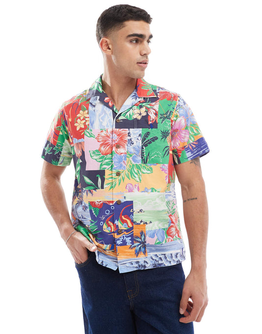 Short Sleeve Revere Collar Beach Patchwork Print Oxford Shirt Classic Oversized