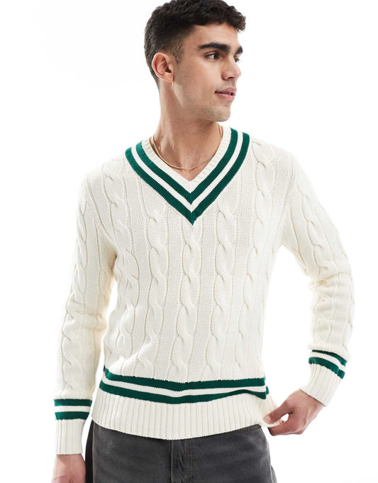 Cricket V-Neck Cotton Cable Knit Jumper